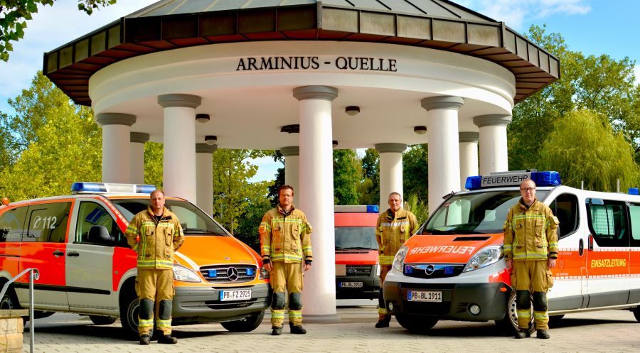 Bundesweiter Warntag am 10. September- Kreis Paderborn erprobt sein Warnkonzept: In Fürstenberg wird der Warnzug des Kreises unterwegs sein - von links nach rechts: Markus Schäfers, Christian Hoffbauer, Norbert Tasche, Jonas Bee von der Freiwilligen Feuerwehr Bad Lippspringe werden am 10. September in Fürstenberg dabei sein  Bildnachweis: Martin Schmidt 
